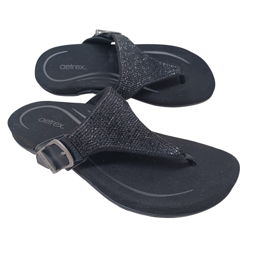 Aetrex Rae Black Rhinestone Orthotic Thong Sandals Womens 6 Buckle Flip Flop